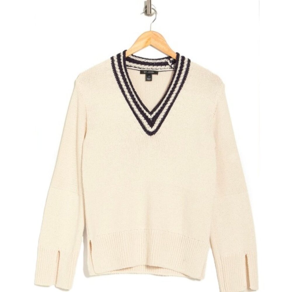 ✨St. John Collection Reverse Jersey Stripe Knit Sweater Cream/Blue - Size M